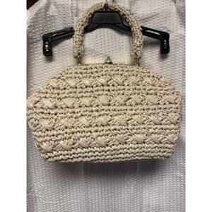Vintage 1960s Italian Raffia Crochet Handbag Simon Kiss Lock Straw Purse Cream
